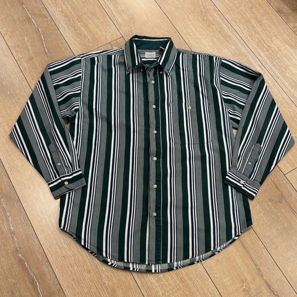 Bugle Boy Company Mens Green Striped Long Sleeve Button Down Shirt Medium Cotton